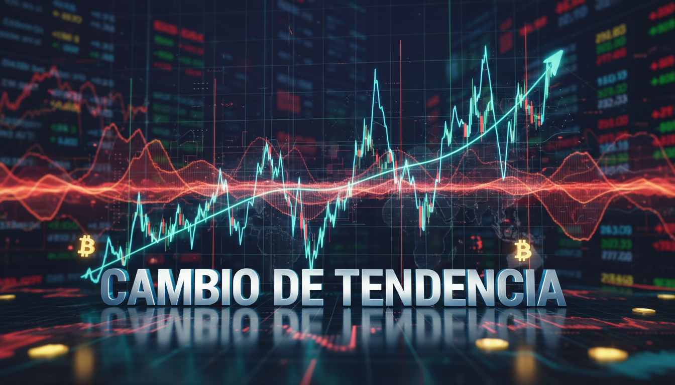 Gráfico 3D mostrando patrón de doble suelo de Bitcoin sobre fondo azul profundo.