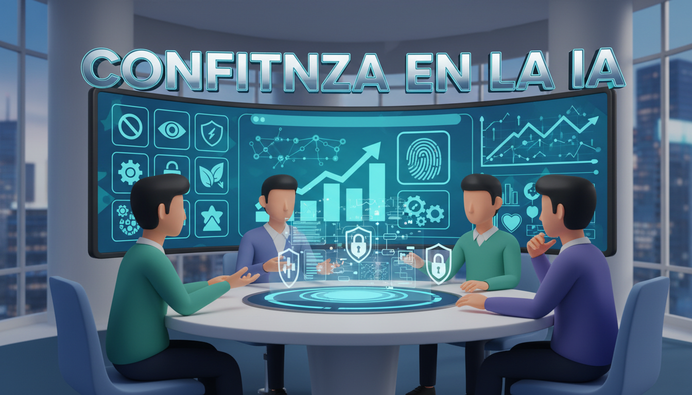 Grupo de 3D discutiendo sobre ética en inteligencia artificial rodeados de gráficos.