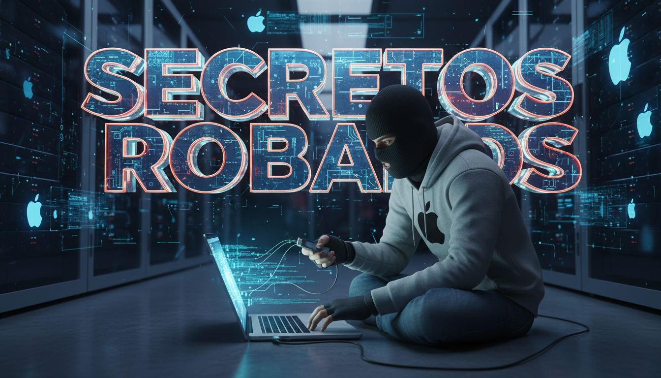 Ingeniero 3D de Apple robando datos de un portátil en un entorno tecnológico.