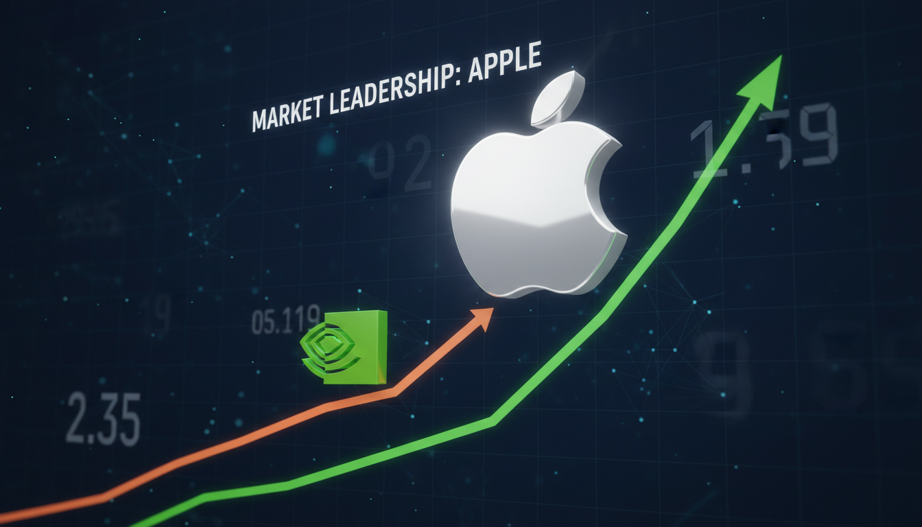 Gráfico 3D mostrando la competencia entre Apple y Nvidia en el mercado tecnológico.