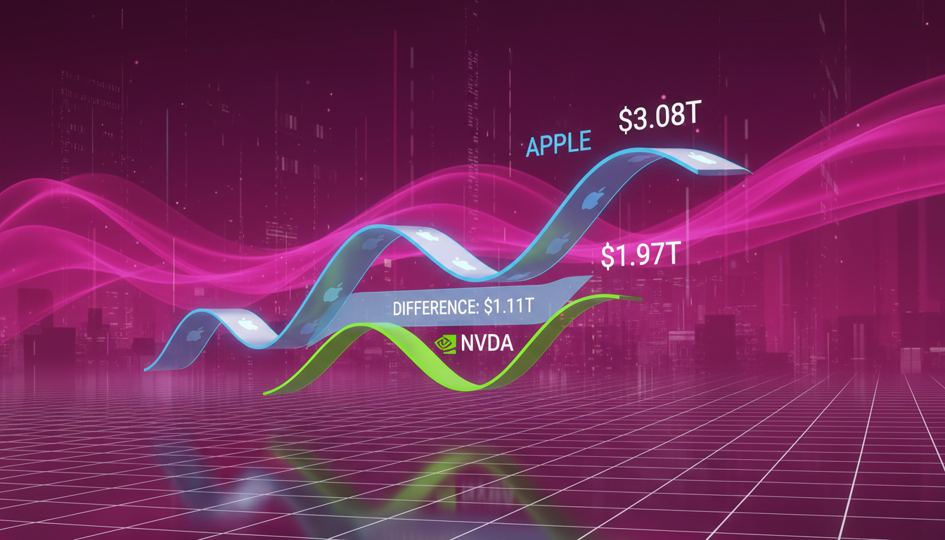 Visualización 3D de la capitalización de mercado de Apple y Nvidia con fondo azul profundo.