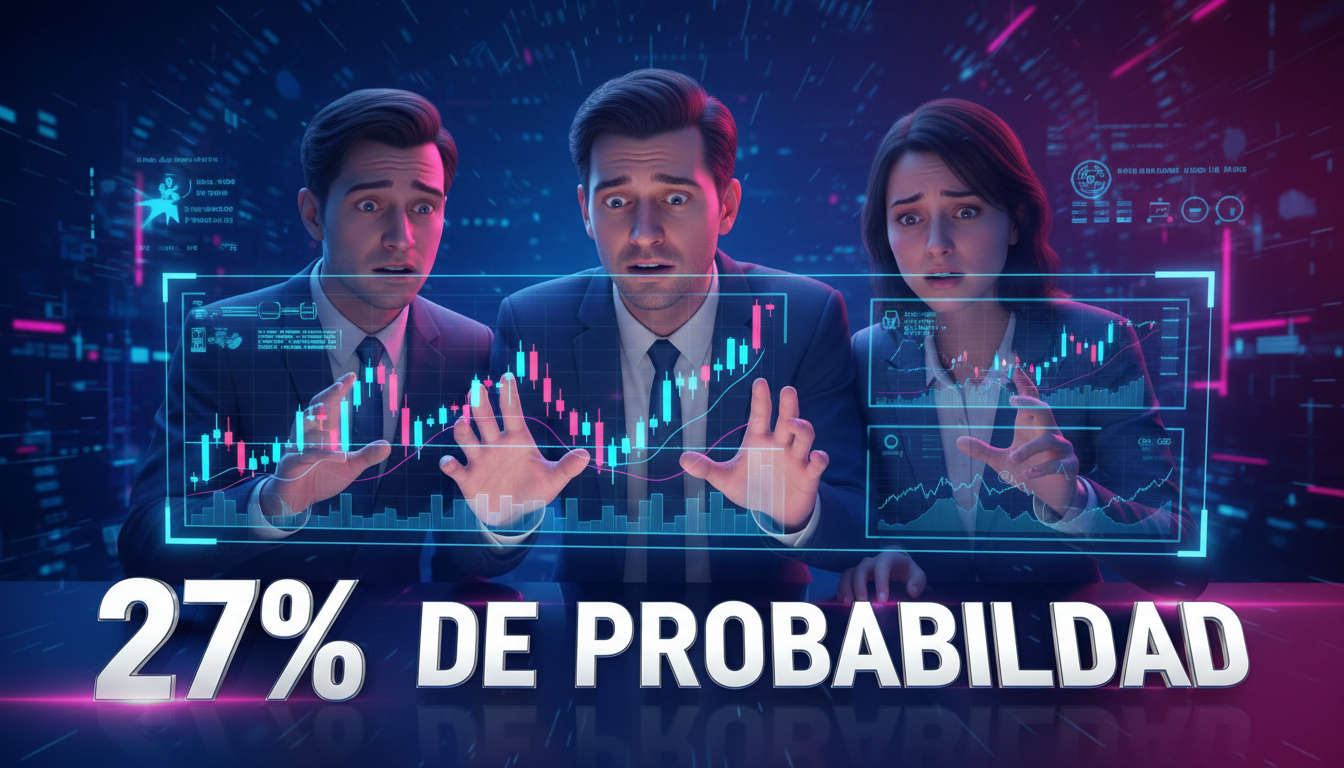 Traders 3D analizando gráficos de tasas de interés sobre fondo azul y fucsia.