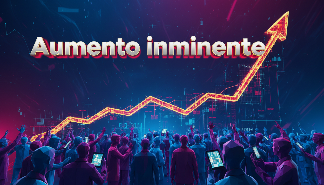 Gráfico 3D de tasas de interés creciendo entre traders estilizados sobre fondo azul y fucsia.