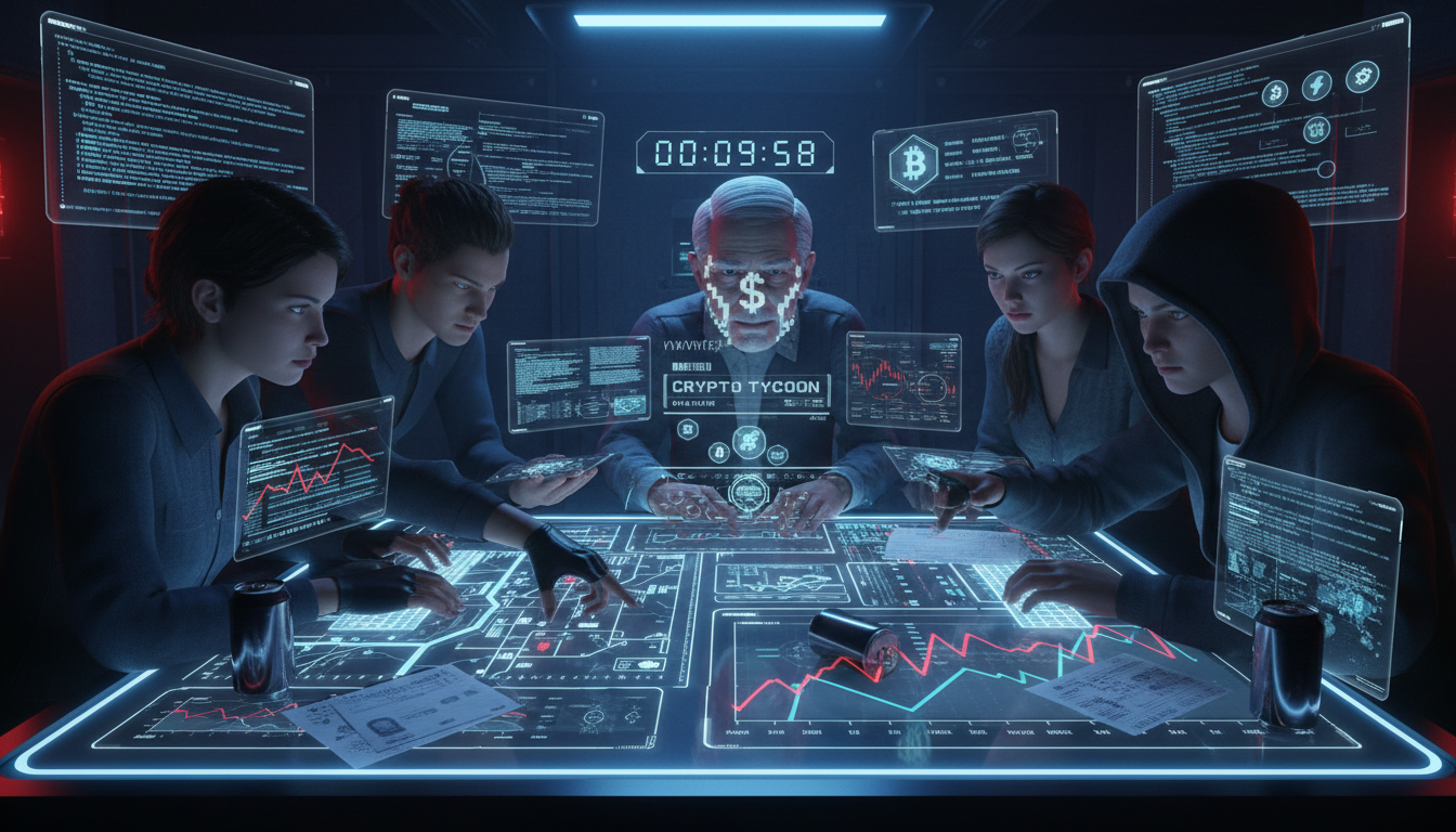 Grupo de jóvenes planeando un ataque a un poseedor de criptomonedas en un ambiente oscuro.