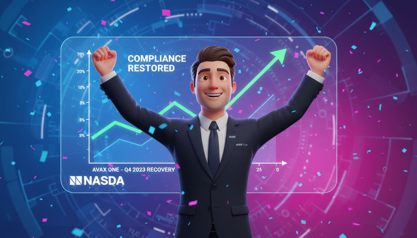 Ejecutivo de AVAX One celebrando la recuperación de cumplimiento en Nasdaq sobre fondo azul.
