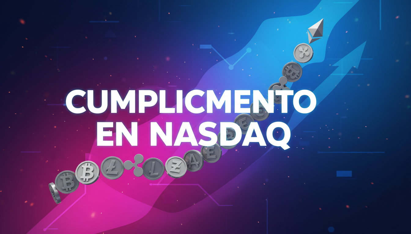 Gráfico en ascenso con símbolos de criptomonedas y texto sobre cumplimiento en Nasdaq.