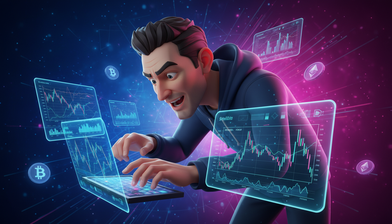 Trader 3D interactuando con gráficos de criptomonedas en un entorno digital dinámico.