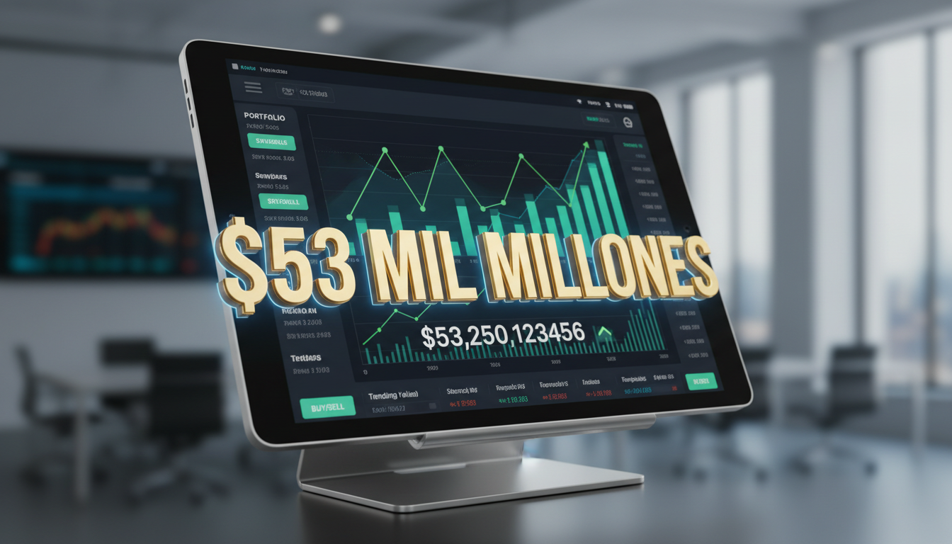 Pantalla 3D de una aplicación de trading mostrando gráficos en alza y cifras clave.