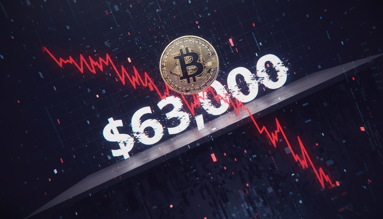 Gráfico 3D de Bitcoin cayendo con el precio destacado de '$63,000' en un fondo azul.
