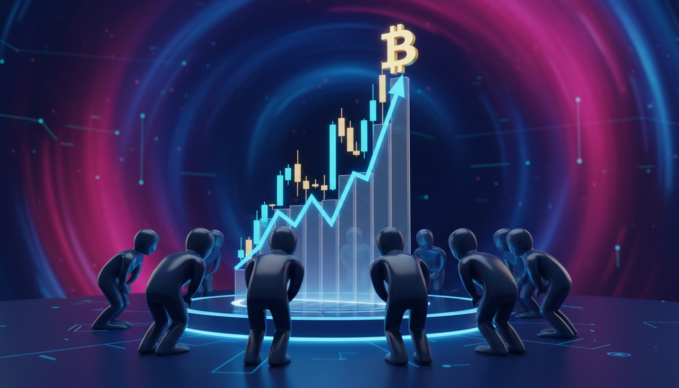 Grupo 3D estilizado observando un gráfico de Bitcoin en un entorno dinámico de mercado.