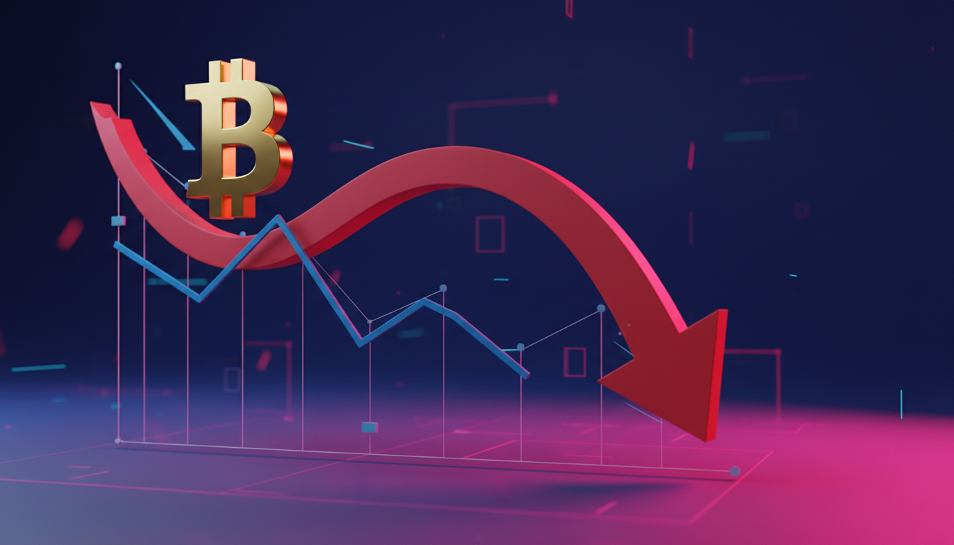 Gráfico 3D de Bitcoin mostrando descenso de precios sobre fondo azul y fucsia.