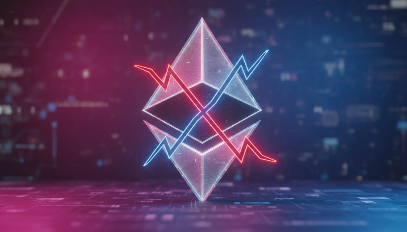 Representación 3D de Ethereum con cruce mortal en gráficos sobre fondo azul profundo.