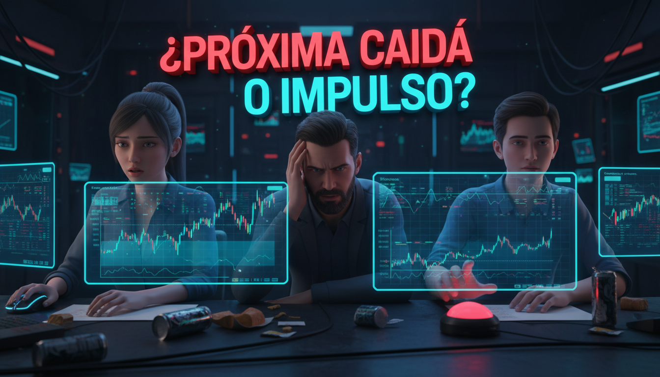 Traders 3D vigilando gráficos de Bitcoin en un entorno tenso.