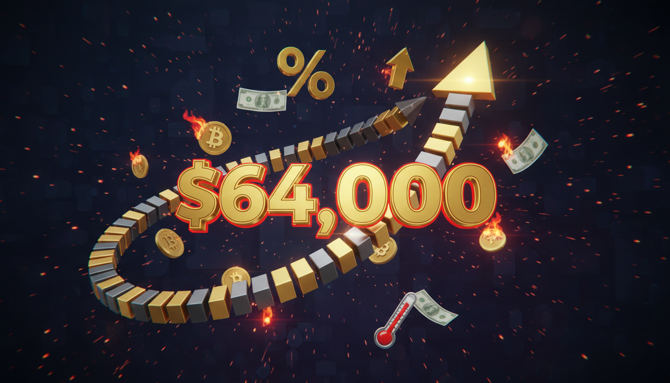 Gráfico 3D de Bitcoin ascendiendo a $64,000 sobre fondo oscuro.