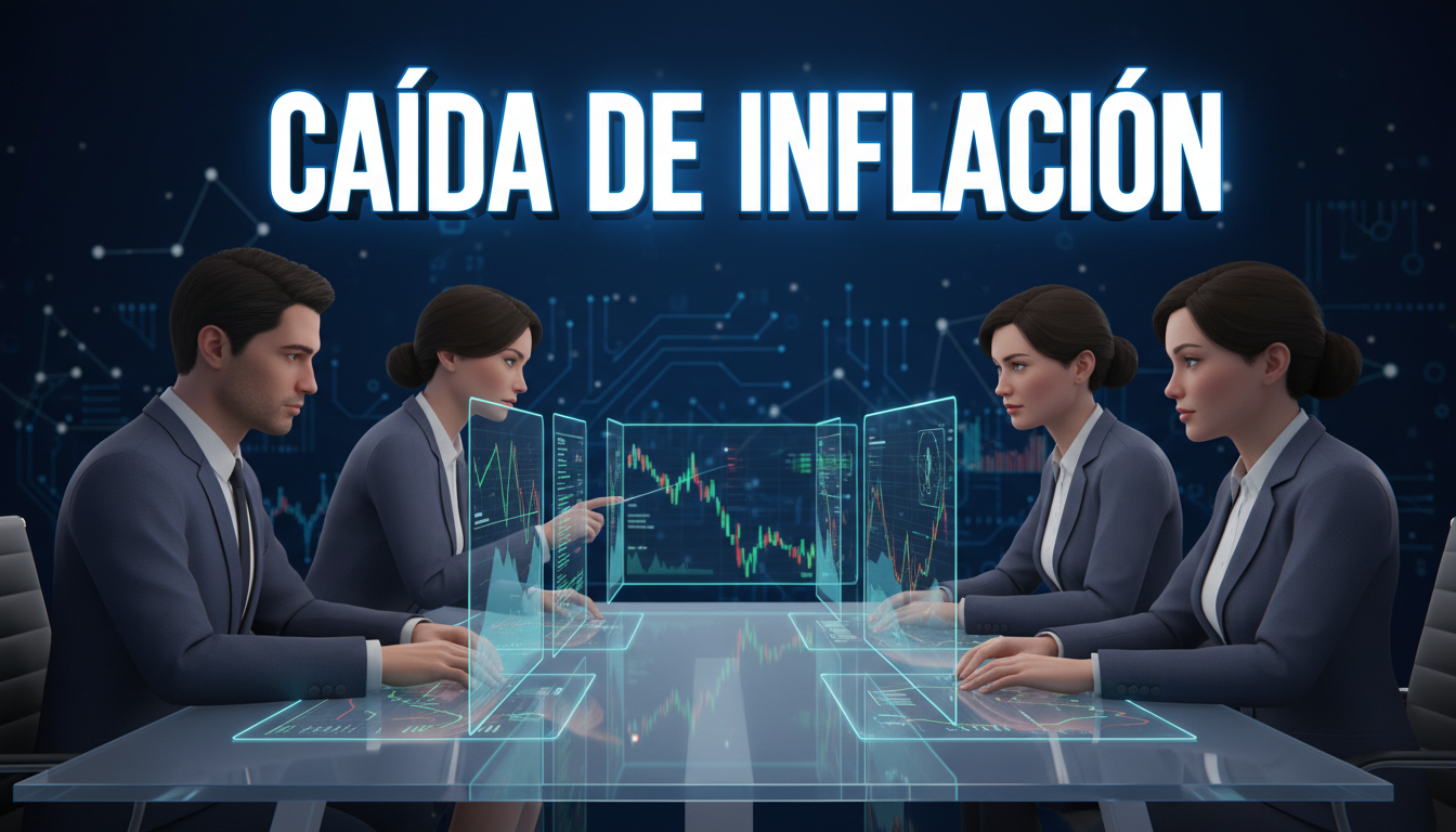 Inversores 3D analizando gráficos de criptomonedas en un entorno financiero.