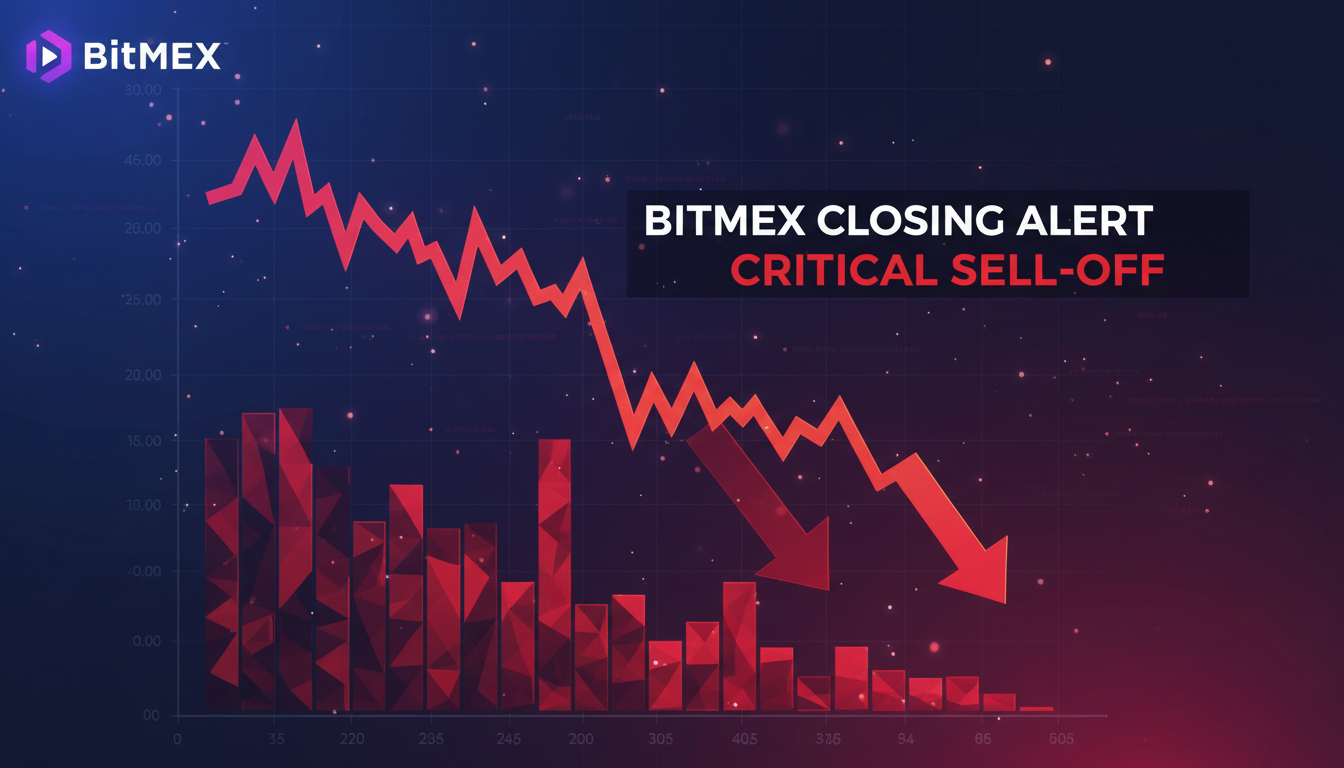 Gráfico de cierre de BitMEX con flechas rojas y fondo azul profundo.