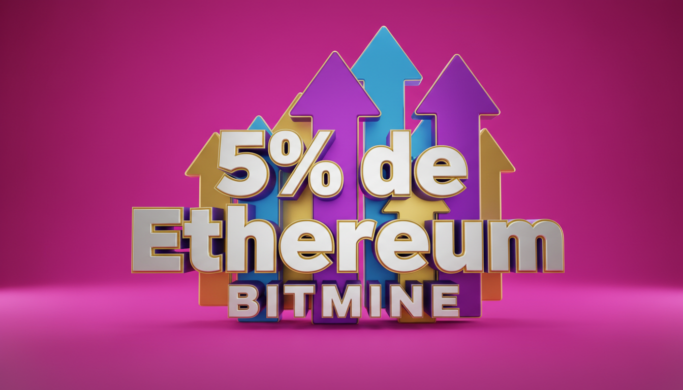 Texto 3D grande que dice '5% de Ethereum' con flechas ascendentes sobre fondo fucsia.