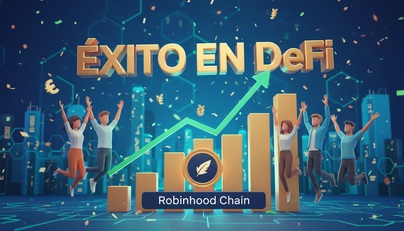 Grupo de personas estilizadas celebrando el éxito de Robinhood Chain en DeFi.