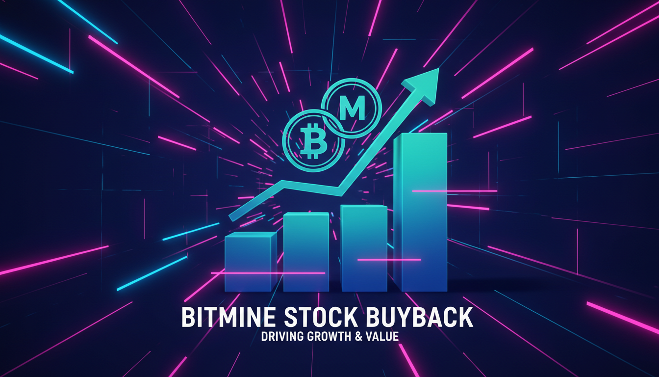 Gráfico 3D de recompra de acciones de Bitmine sobre fondo azul profundo.