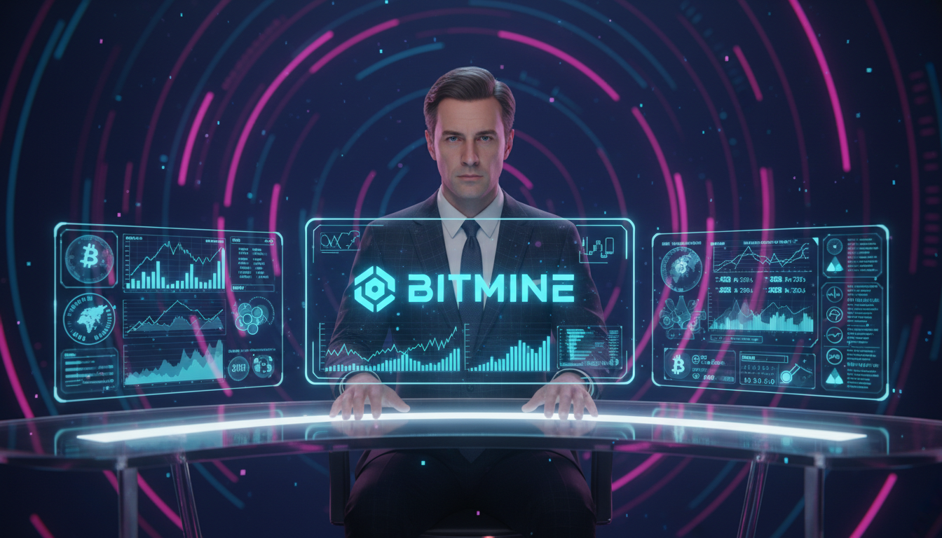 Tom Lee 3D revisando datos de Bitmine con gráficos en fondo azul profundo y fucsia.