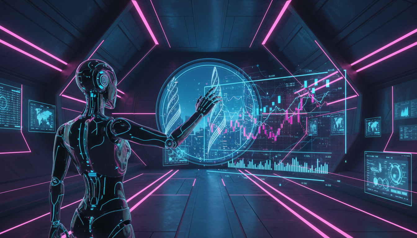 Agente de IA 3D analizando gráficos de transacciones en un entorno digital futurista.