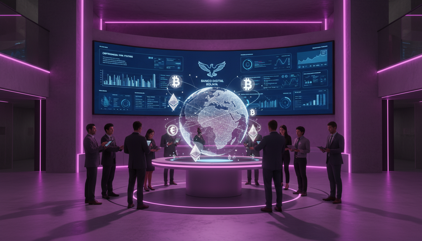 Banco 3D estilizado mostrando la adopción de criptomonedas en un entorno moderno.