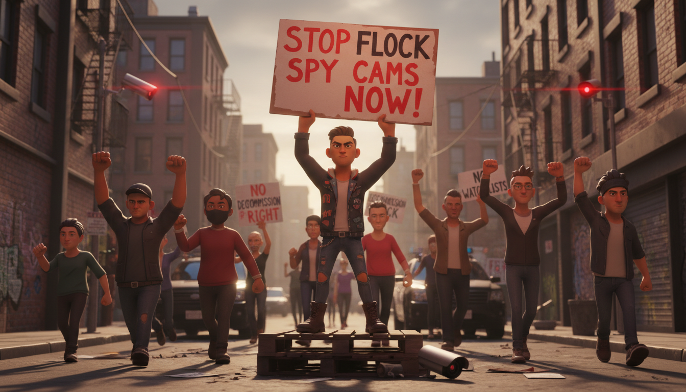Protesta enérgica contra cámaras de vigilancia Flock en un entorno urbano.