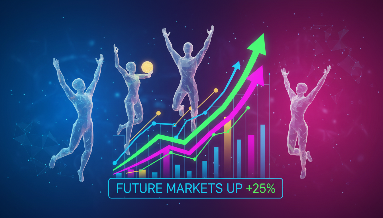 Personas estilizadas 3D celebrando el avance de los mercados de predicción en un gráfico.