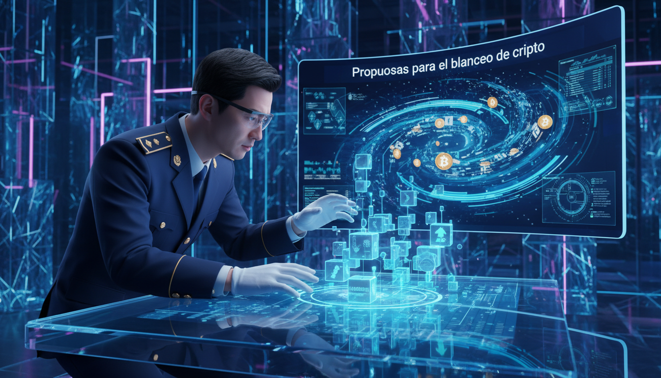 Fiscal chino revisando datos de blanqueo de criptomonedas en un entorno digital.