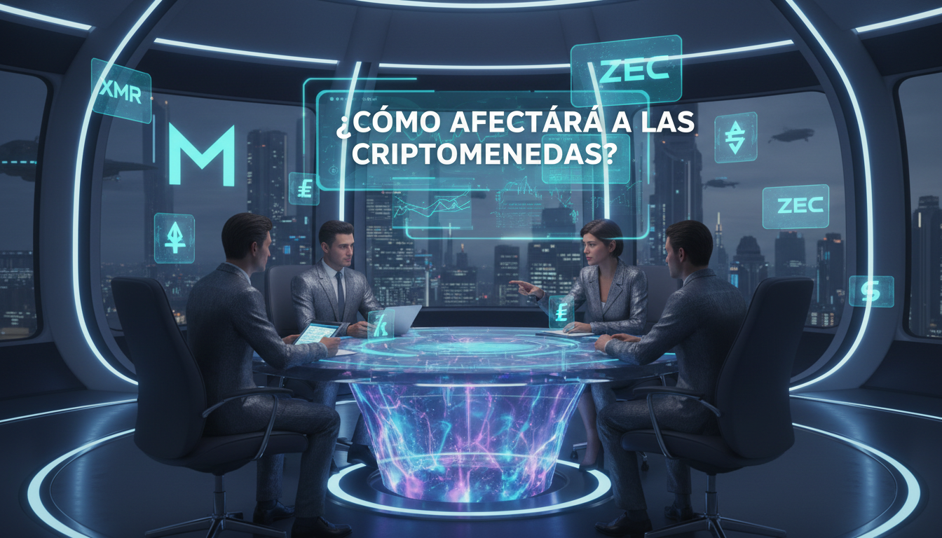Inversores discutiendo monedas de privacidad en un ambiente futurista lleno de gráficos.