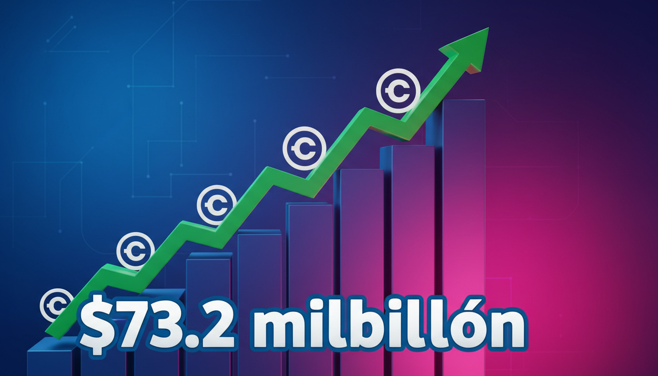 Gráfico 3D ascendente con logo de USDC y cifra de $73.2 mil millones sobre fondo azul y fucsia.