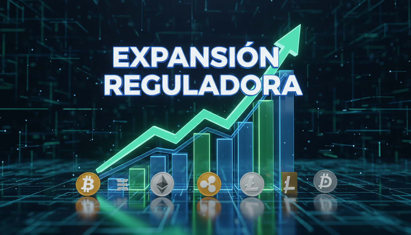 Gráfico en ascenso con símbolos de criptomonedas y texto de expansión reguladora en 3D.