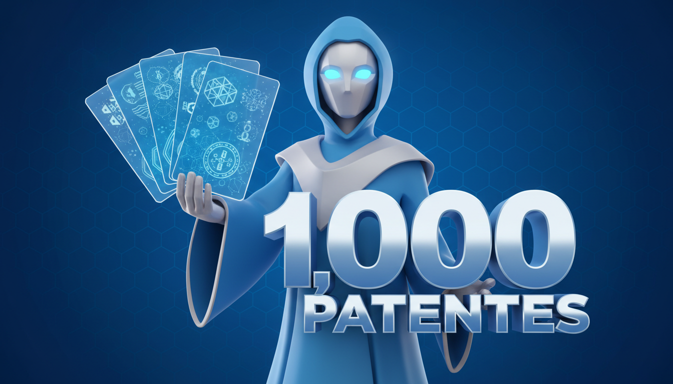 Personaje 3D sosteniendo patentes blockchain en un fondo tecnológico.
