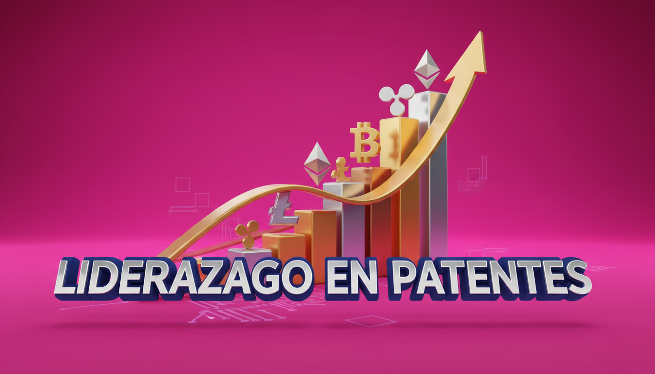 Gráfico 3D en ascenso con criptomonedas y fondo dinámico en fucsia.