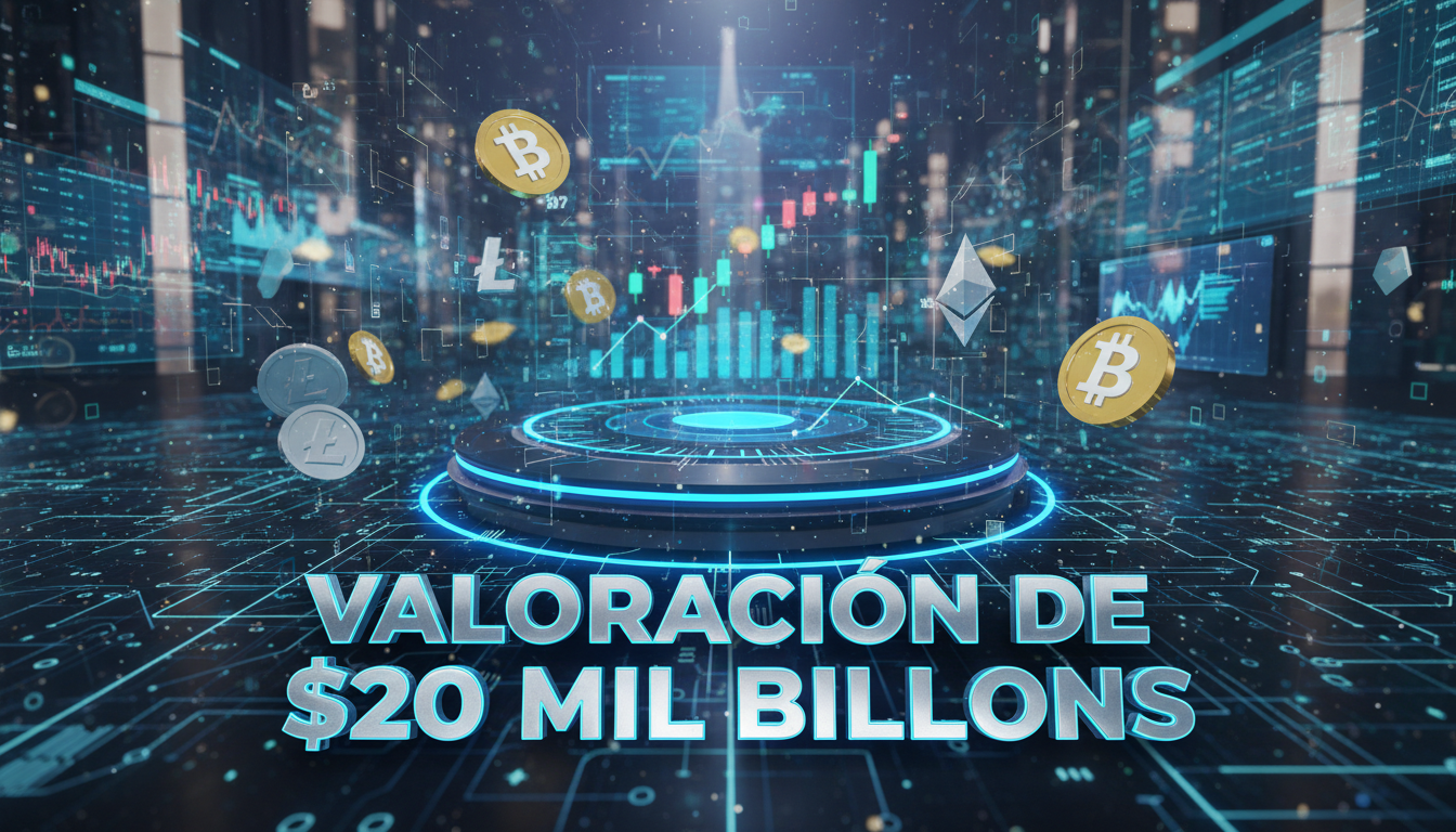 Ambiente financiero animado con símbolos de criptomonedas y plataforma de intercambio.