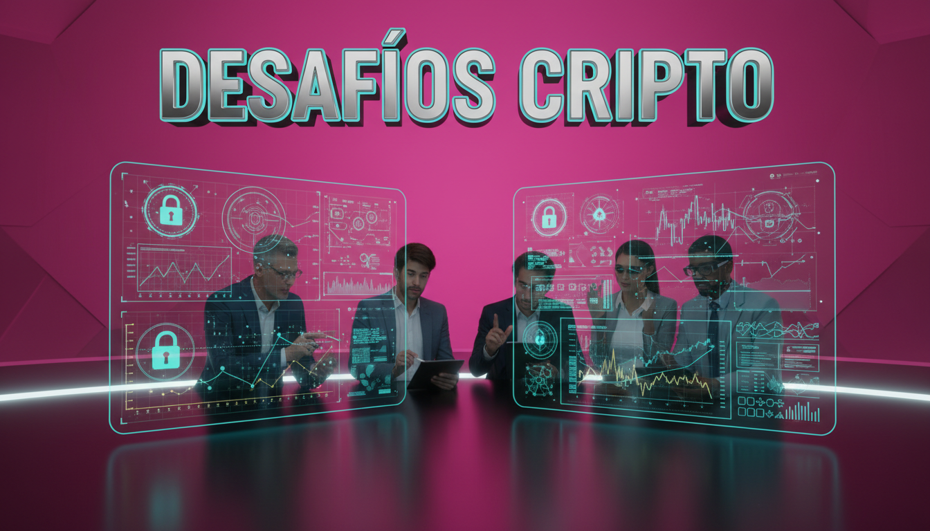 Expertos analizando gráficos de seguridad cripto en fondo fucsia.
