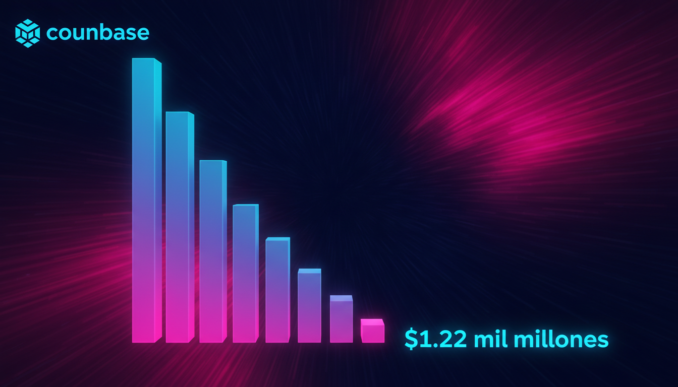 Gráfico 3D de ingresos de Coinbase cayendo con fondo azul y fucsia.