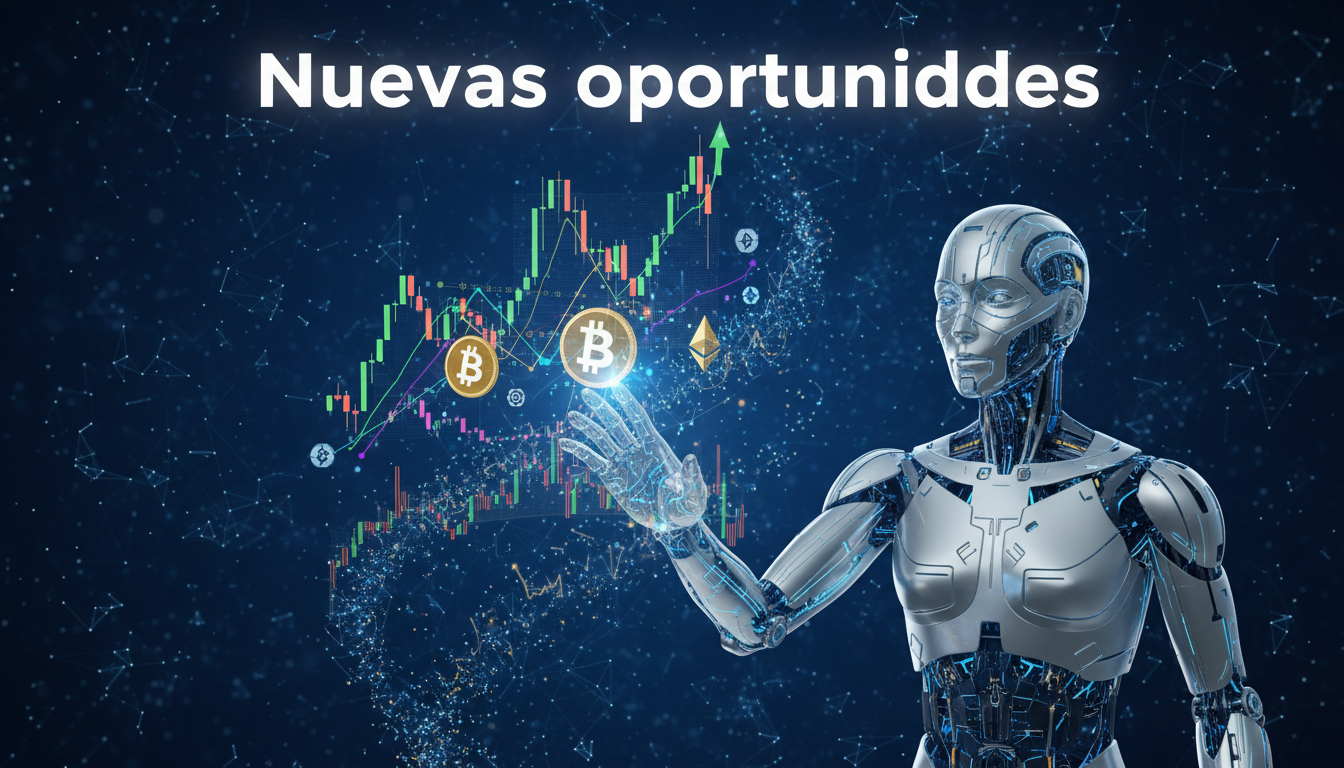 Agente de IA 3D analizando gráficos de criptomonedas en fondo azul profundo.