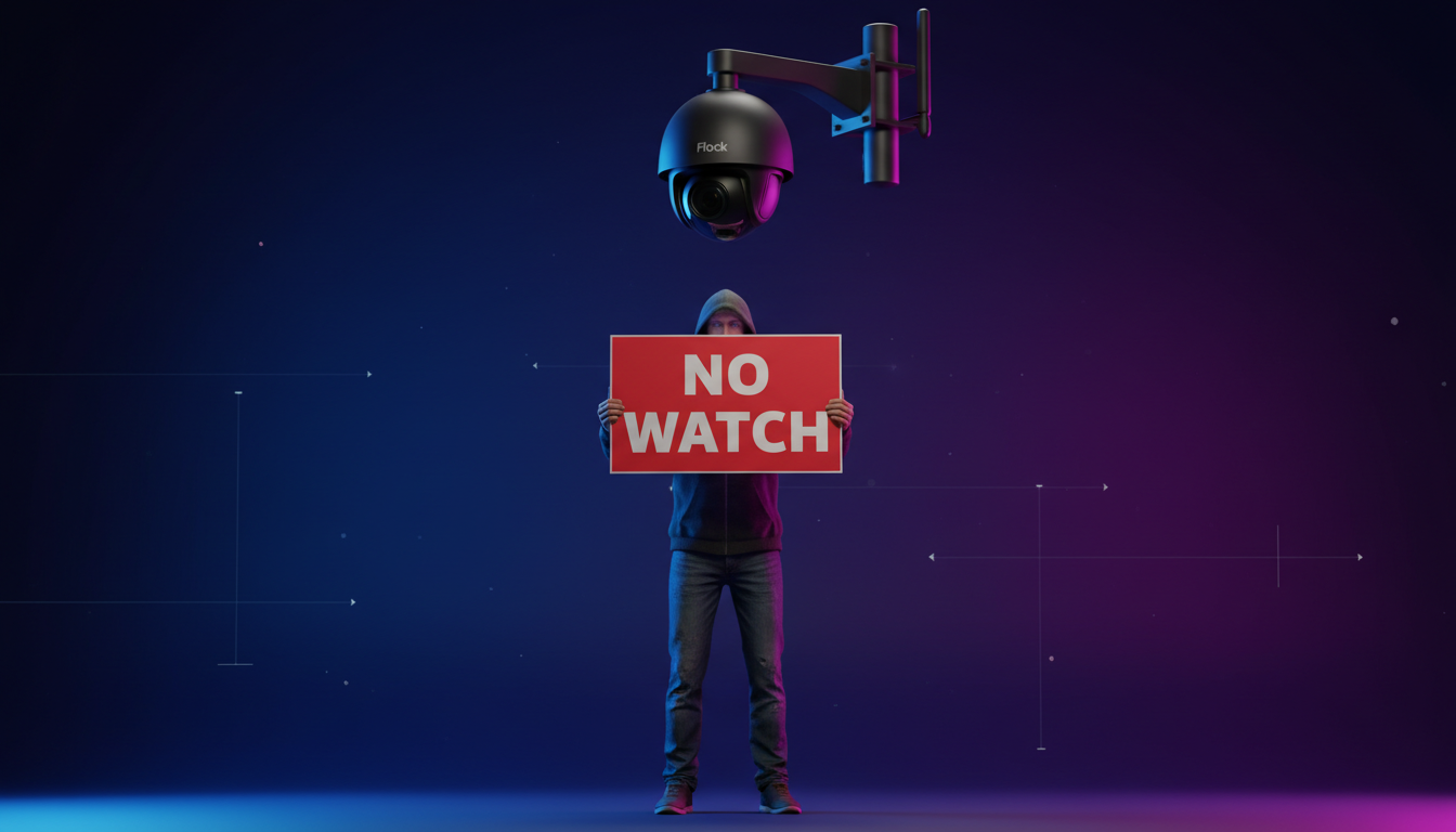 Hombre 3D protestando contra cámaras Flock con cartel sobre fondo azul.