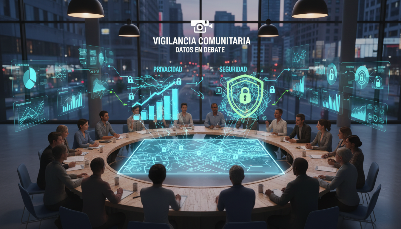 Grupo 3D discutiendo sobre privacidad en una reunión comunitaria con gráficos de datos.
