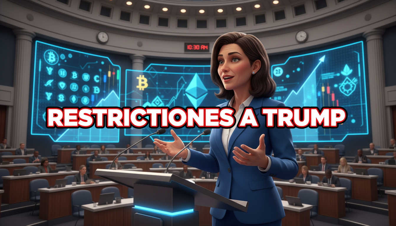 Senadora Elizabeth Warren discutiendo el Clarity Act en el Senado sobre fondo azul.