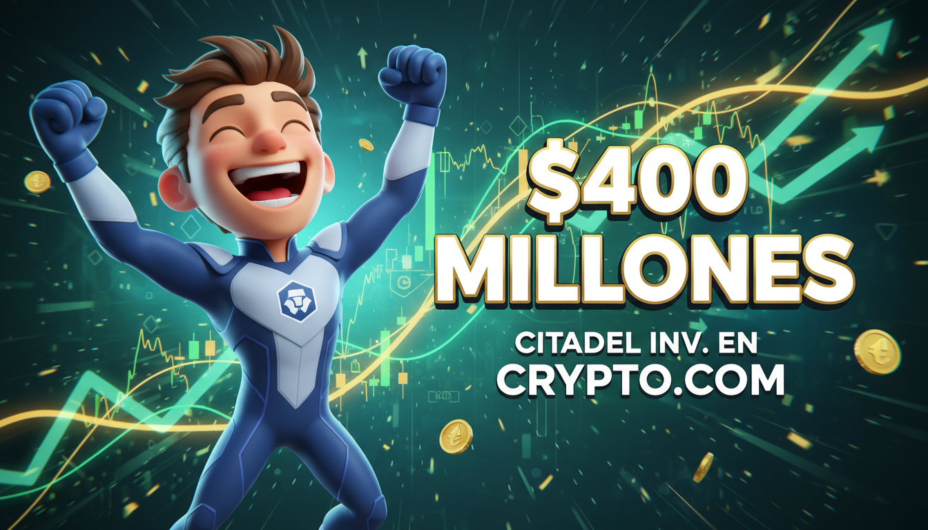 Personaje celebrando inversión de Citadel en Crypto.com con gráficos de criptomonedas.