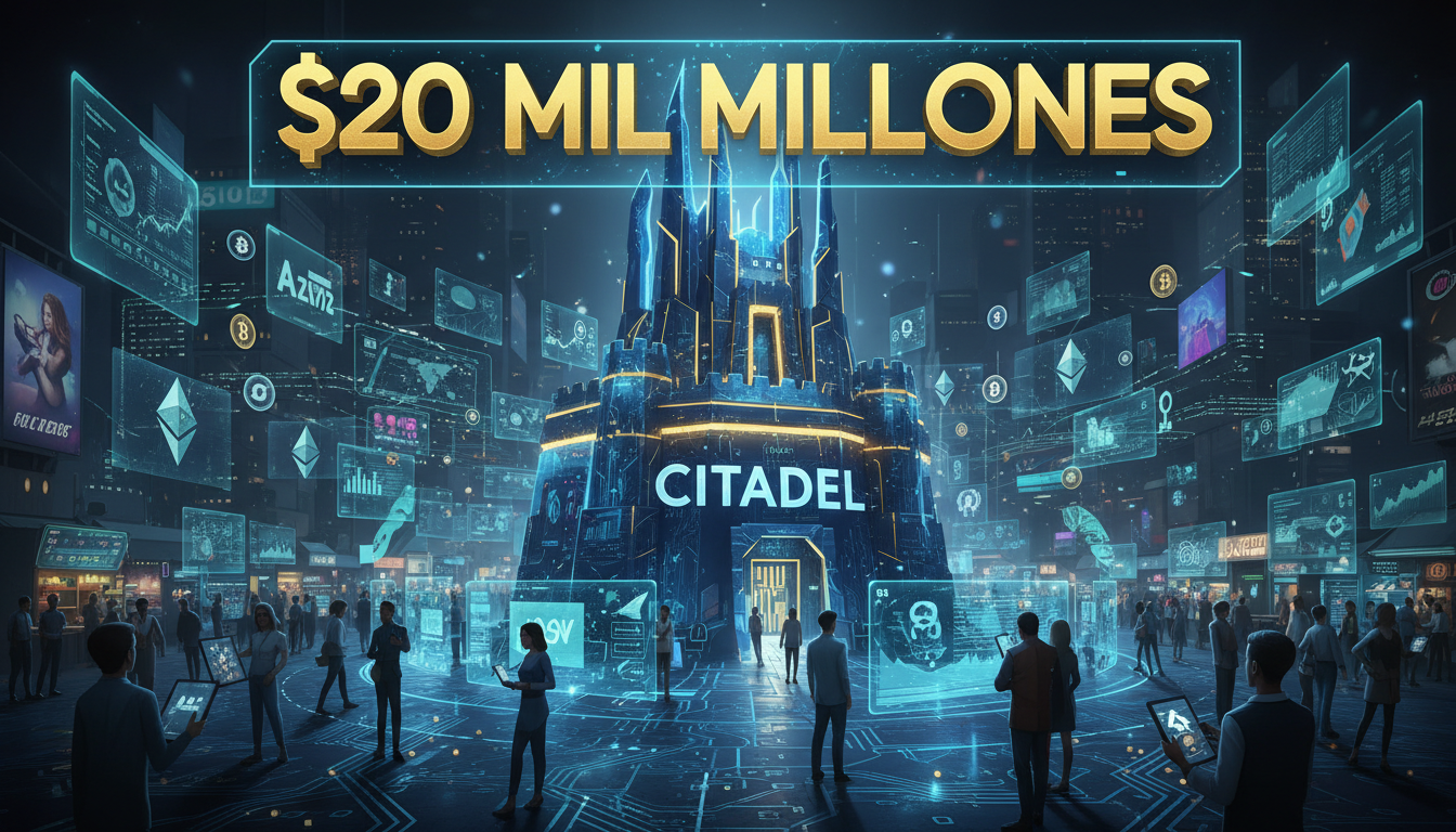 Escena de mercado vibrante con criptomonedas y activos tokenizados, destacando Citadel.