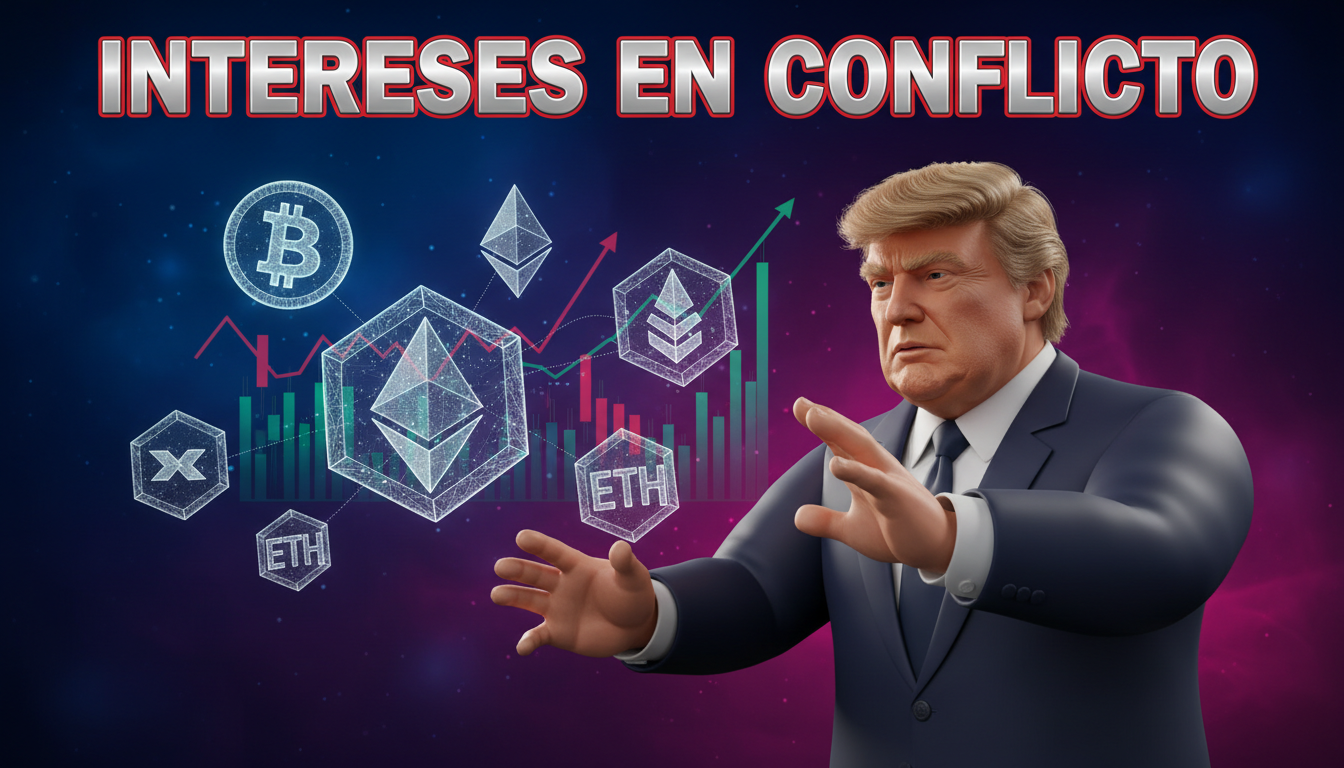 Trump analizando gráficos de criptomonedas en un entorno político.