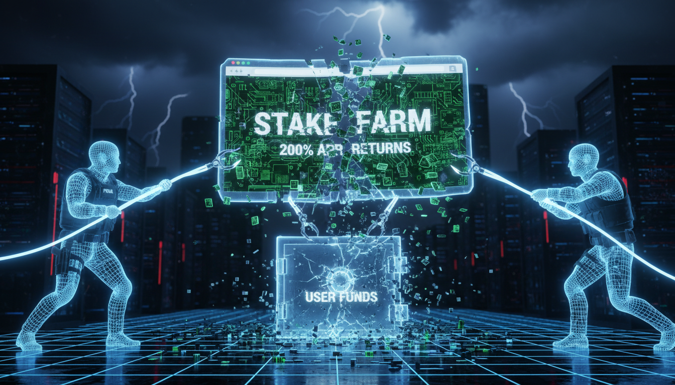 Policía desmantelando un sitio de staking falso relacionado con criptomonedas.