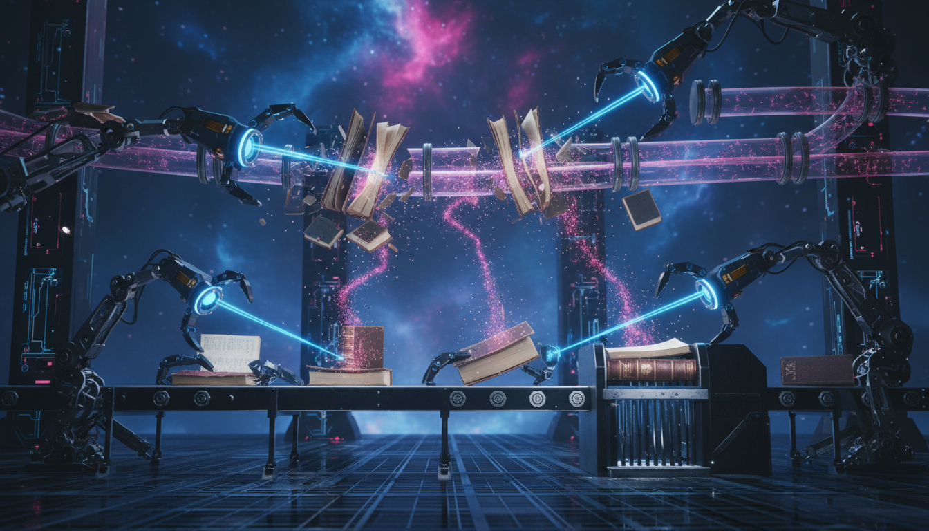Libros antiguos siendo destruidos en un entorno de inteligencia artificial.