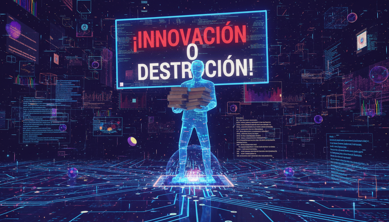 Personaje estilizado interactuando con libros y gráficos de datos sobre inteligencia artificial.