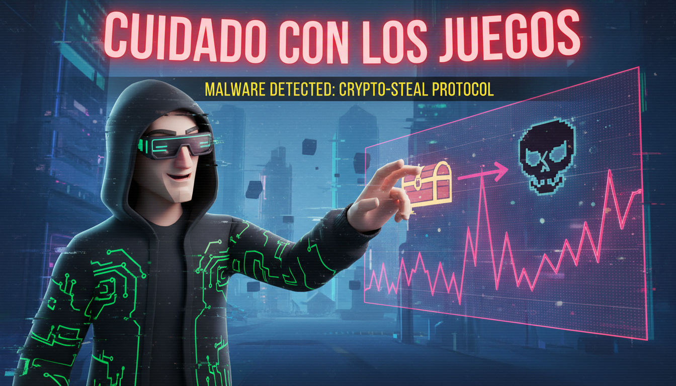 Personaje 3D en un videojuego representando un ataque cibernético a criptomonedas.