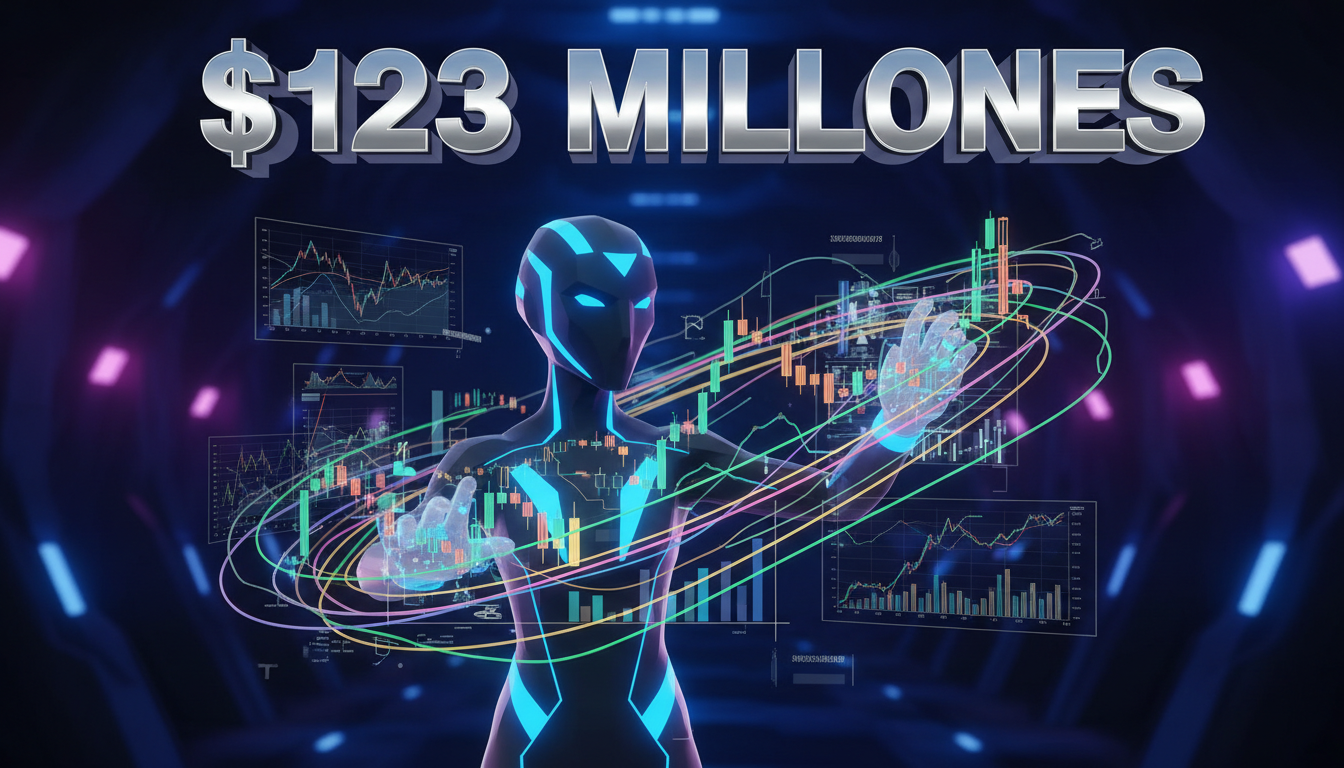 Personaje 3D manipulando gráficos de criptomonedas en un entorno oscuro.