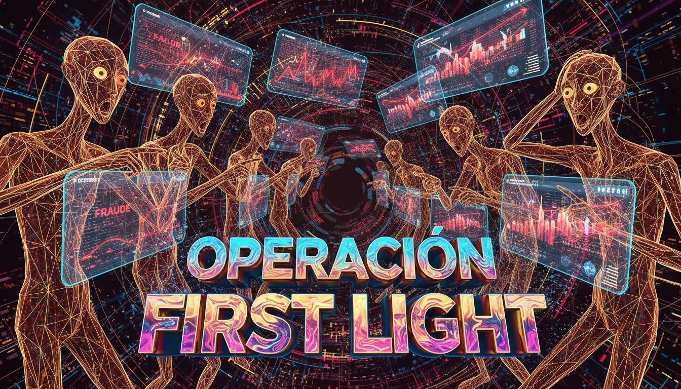 Escena caótica de personas estilizadas observando fraudes financieros en pantallas.